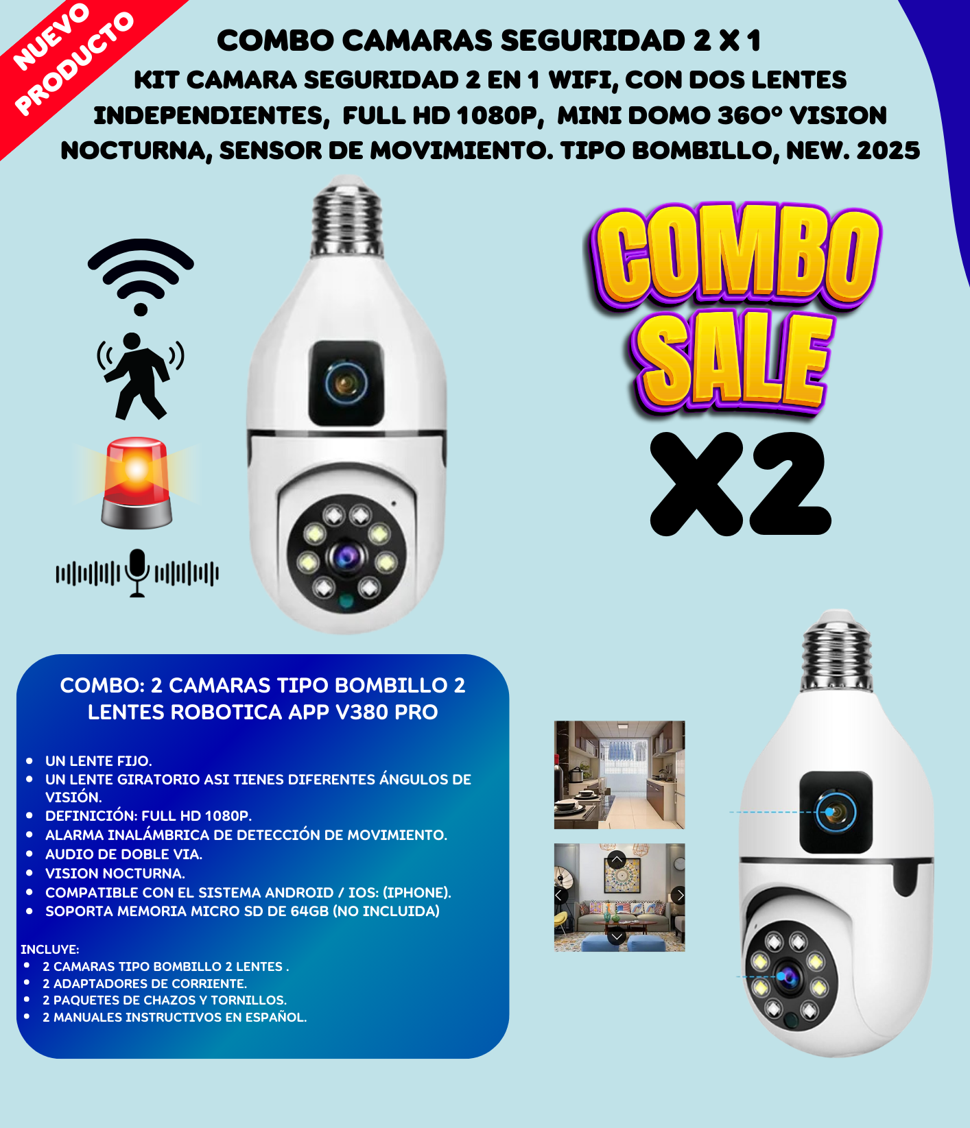 Combo Cámaras Bombillo 2x1 – Seguridad Total en tu Hogar